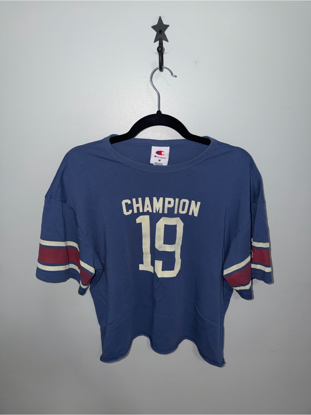 Champion Women's Blue Cropped T-Shirt Graphic 19 Varsity Stripe Sleeve M